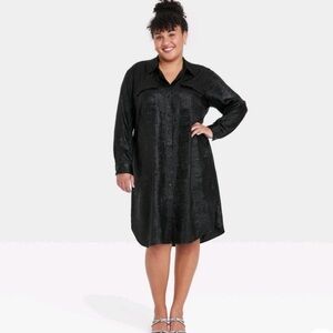 Long Sleeve Midi Shirtdress - Black - Silky - Metallic Buttondown Satin 3X Dress